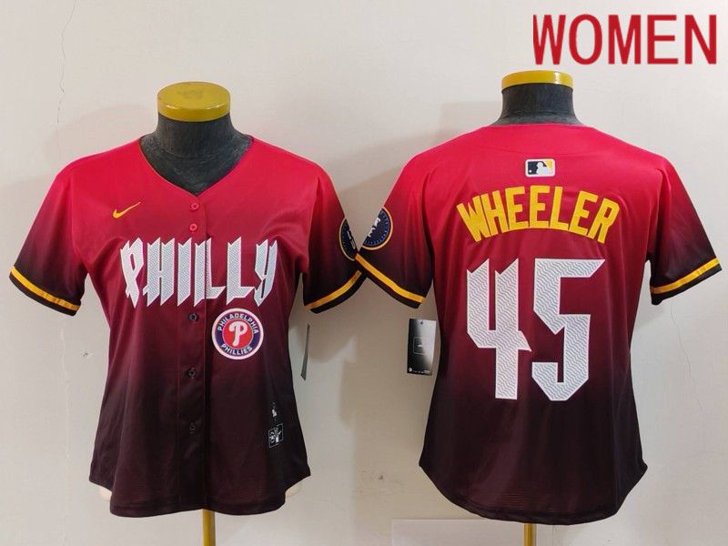 Women Philadelphia Phillies #45 Wheeler Red City Edition 2024 Nike MLB Jersey style 5